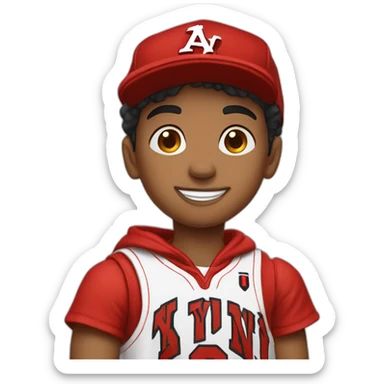 Morocho boy in red attire with a red NY cap red and Jordan Retro 4 red🌟. sticker