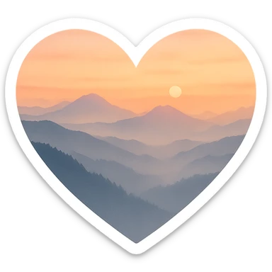 heart with a misty mountain sunrise theme, clean digital illustration sticker