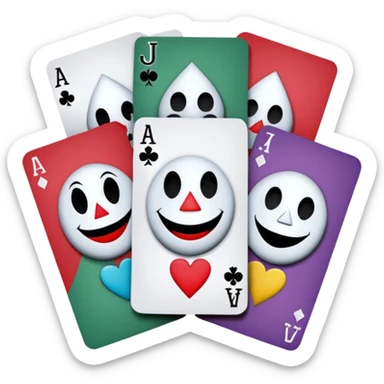 bunch of 3 poker cards, with crazy colorful human jolly jokers inside, inversed face, cuphead style sticker