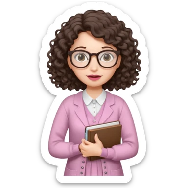 A crazy female scientist, with curly-wavy dark brown hair, brown eyes and light grey glasses and pale skin and pinkish lips, dressed to look like an english teacher sticker