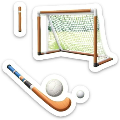field hockey stick and ball on green grass field with goalposts sticker