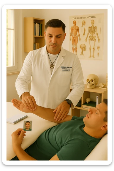 a middle-aged man, dressed in casual professional attire, is in a bright, organized therapy studio. Durante una visita di kinesiologia, il ragazzo tiene con una mano la foto di una persona lontana (il “testimone”) tiene la foto in mano, mentre con l’altra mano esegue un test muscolare su un cliente presente senza foto lui non tiene la foto. Sullo sfondo si vedono libri di kinesiologia, poster anatomici e strumenti tipici della disciplina. L’atmosfera è concentrata e serena, con luce naturale che entra dalla finestra, sottolineando l’aspetto alternativo e umano della pratica. sticker