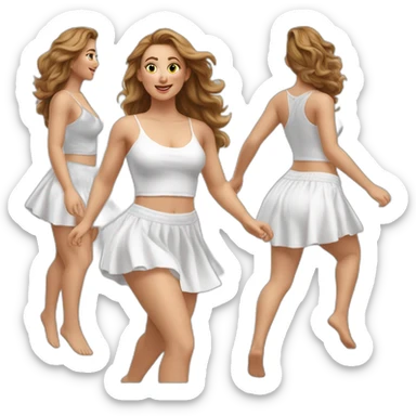 Hyperrealistic Full body Caucasian curvy beauty jumping short white skirt back and front views strong wind knickers sticker