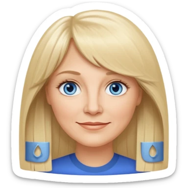 50 yr old white woman, curtain bangs, long straight blond hair, oval face, small smile, blue eyes sticker