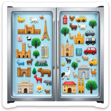 Icon for Magnet Collecting: a close-up of a fridge door covered with a variety of magnets, featuring cities, animals, symbols. The icon should highlight the diversity and charm of magnet collections. Transparent background. sticker