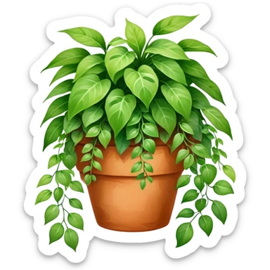 A vibrant hanging plant in a terracotta pot, painted in soft watercolor strokes with detailed leaves cascading down. sticker