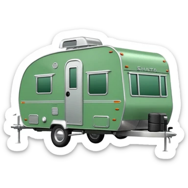 Shasta travel trailer, colored all green, the same green shade as movie trailer green preview card, grey tires and grey hitch sticker