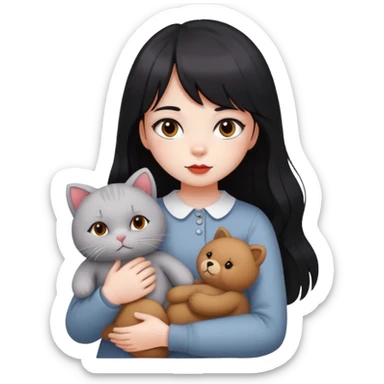 girl,drak eyes, red cheeks, black long hair with a bang, white face, holding a British gray cat and a brown teddy bear sticker