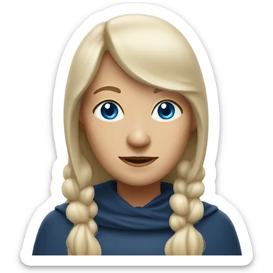 Wise crone woman, shoulder length,  blonde hair with bangs, blue eyes with wisdom sticker