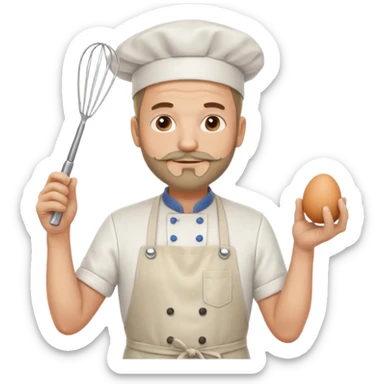 Middle aged male pastry chef - with a small beard, apron, white hat, holding an egg beater in one hand and naturally drooping in the other hand sticker