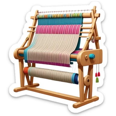 Create an icon that represents the hobby of weaving. The design should include a loom, threads, and a partially woven fabric, along with a piece of colorful fabric and sewing patterns. Include a representation of finished clothing, like a simple shirt or dress, made from the woven fabric. The composition should feel balanced and harmonious, reflecting the creative and intricate process of weaving and sewing. The background should be transparent. sticker