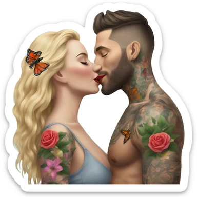 Hyper Realistic beautiful woman being kissed by a handsome tattooed man holding flowers with butterflies  sticker