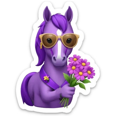 Purple horse wearing sunglasses and holding flower bouquet
 sticker