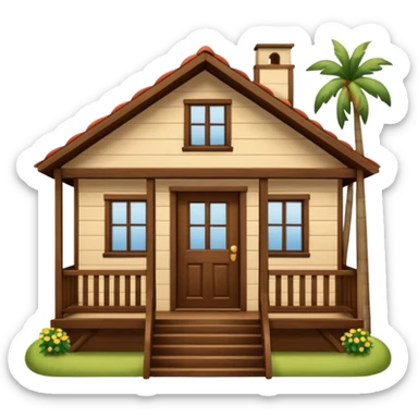 A wooden house typical of Puerto Rican rural neighborhoods, with a simple and cozy design featuring a central functional door, two symmetrical windows, a front porch with open railings, and space for a rocking chair. Emoji style, brown and wooden. sticker