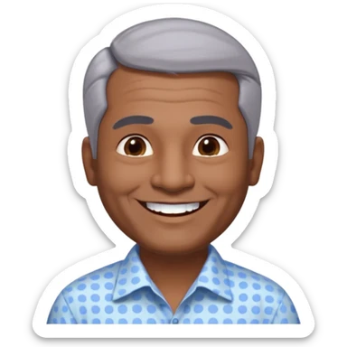 50 yr old indian man, dark skin, grey hair, big smile, white teeth, chubby, no moustache, clean shaven, young style hair, hair brushed back, 5 oclock shadow, dot on forehead, dress shirt sticker
