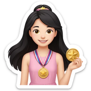 black haired girl wearing pastel pink with medals remove any hats, make her smile, make her hair longer sticker