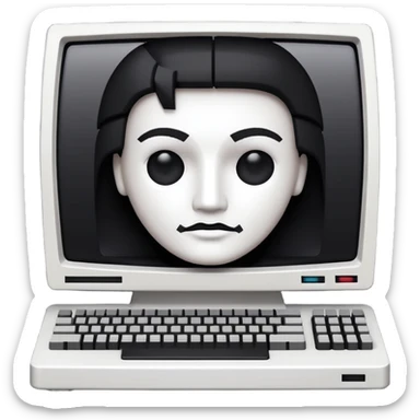 White and black 80s computer with face sticker