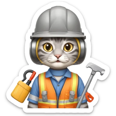 gray cat, handyman Outfit, wearing a Helmet sticker