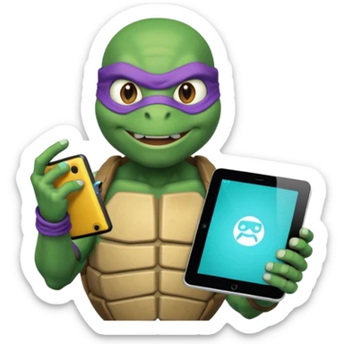 Donatello from Teenage Mutant Ninja Turtles, emoji style, holding a tablet with a hacking screen and a tech gadget, with a cyan hacking interface sticker