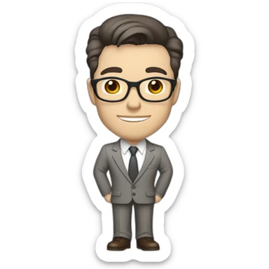 Full height Pale skinned Fit Man With dark brown hair in classic gray suit, beige office shirt, dark gray tie, and vintage glasses. His right hand is directed up sticker