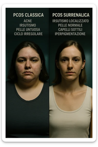 Immagine verticale realistica e cinematografica in italiano: confronto visivo tra PCOS classica e PCOS surrenalica in due donne, con sintomi e segni fisici distinti. Luci cliniche drammatiche. Didascalie in italiano. Aspect ratio 2:3. sticker