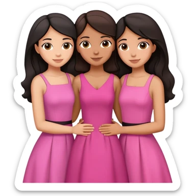 Three sisters hug, medium light skin with dark brown hair, tan skin black hair, tan skin dark brown hair, pink dresses sticker
