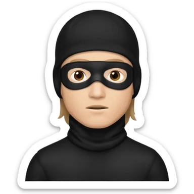 A guy with a brown mullet and a black baclava sticker