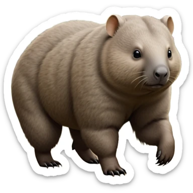 cinematic-stout wombat-realistic-fluffy full-body-waddling-emoji,-stout-muscular-frame-covered-in-coarse-brown-fur,-short-powerful-legs-trotting-determinedly-through-bushland,-round-dark-eyes-filled-with-calm-confidence,-tiny-rounded-ears-twitching-slightly,-strong-digging-claws-visible-on-sturdy-paws,-simplified-yet-realistic-focused-features,-highly-detailed,-glowing-with-a-subtle-earthy-glow sticker
