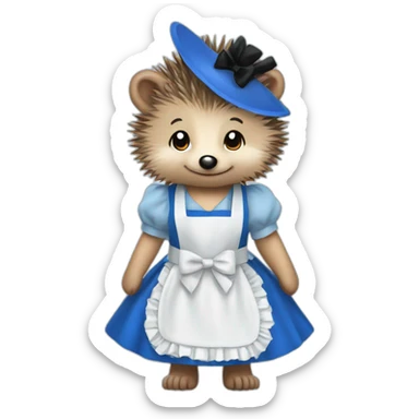 Hedgehog wearing a blue maid dress with a black bow and apron sticker