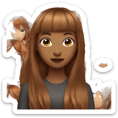 light brown girl with long dark red hair and a fringe sticker