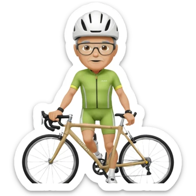 older, 60-year-old man, about 200lbs, with visor under helmet, and mirror on glasses, in cycling clothes, straddling road bike, graphic design sticker