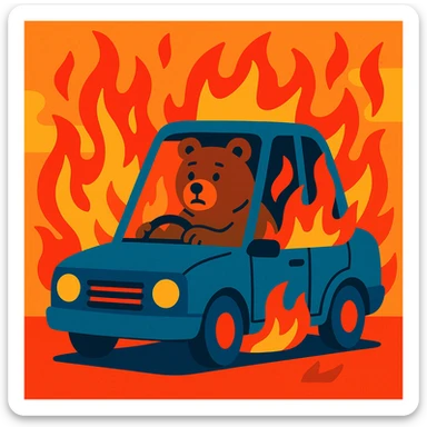 a brown bear sitting in a blue burning car, vibrant colors, expressive flames sticker