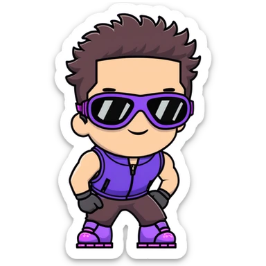 close-up of bad guy male athlete with white skin and moderately curly dark brown hair on top with shaved sides, wearing ski goggles with purple frames and very dark black lenses, a simple plain black chain necklace, and a completely unzipped sleeveless vest with purple and black sequin fire pattern design with no logo, with an extremely arrogant expression sticking his tongue out mockingly, looking menacing and villainous sticker