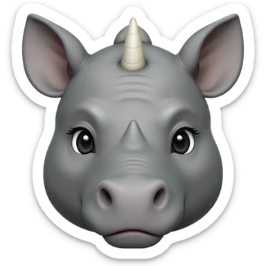 cinematic-noble-cute-young rhinoceros-portrait-emoji,slate-grey-hide-poised-and-regal,-with-a-massive,-powerful-build-and-a-thick,--deep-set-soulful-piercing-eyes,-simplified-yet-sharp-and-sophisticated-features,-highly-detailed,-large-black-eyes, white horn, front facing, zoomed out showing shoulders sticker