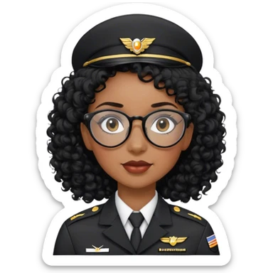 femme pilote d'avion en uniforme noir aux cheveux bouclés noir et petites lunettes arrondis identique avec des cheveux très long et la peau noir mais légèrement plus claire avec une queue de cheval sticker