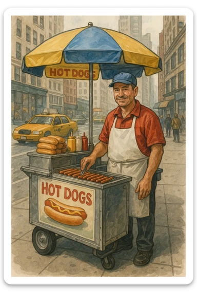 hotdog seller in New York with cart sticker