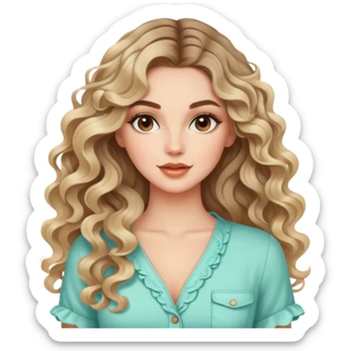 beautiful brunette with blondish balayage white girl with nice curls/defined waves, very long hair, clean girl makeup and nice summer outfit  sticker
