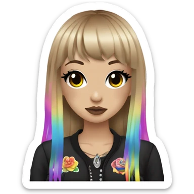 hime gyaru girl, long brown blonde hair with rainbow fringe, tattoos, dark makeup, goth grunge clothes sticker