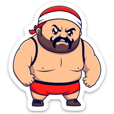 Close-up of extremely fat white skin guy with young face, beard and mustache, no muscle with prominent black durag, black eyes in a red and black wrestling singlet with angry face sticker