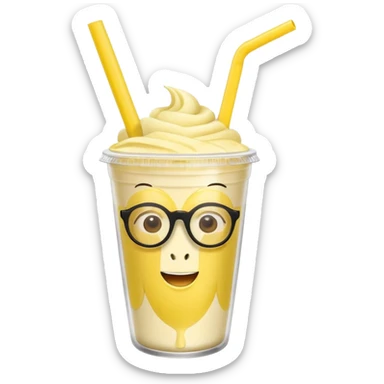 banana milkshake in a take-out cup with glassess and long lashes and banana on top sticker