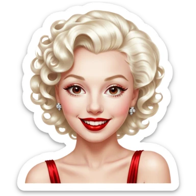 Cinematic Realistic Marilyn Monroe Emoji, featuring a glamorous, high-detail portrayal of the legendary Hollywood star. Her iconic platinum curls, radiant smile, and signature red lips are illuminated by dramatic, vintage-style lighting, evoking the timeless allure of classic cinema. sticker
