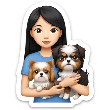 A beautiful Asian girl with long black hair is holding a Yorkshire Terrier. She is standing next to her brown skinned boyfriend, who is holding a Shih Tzu. They are each holding one dog each sticker