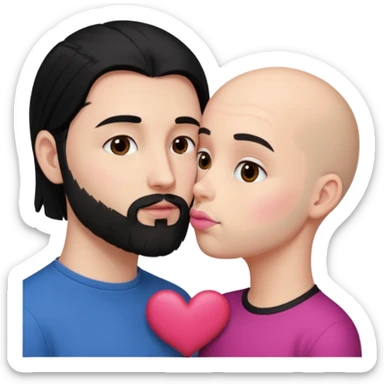 👩🏻‍❤️‍💋‍👨🏻 this one but the man should be bald. white woman with long black hair and white bald young man whoitiut hair and a heart between their heads. she has pink lips and both have brown eyes. he has e full beard but short. sticker