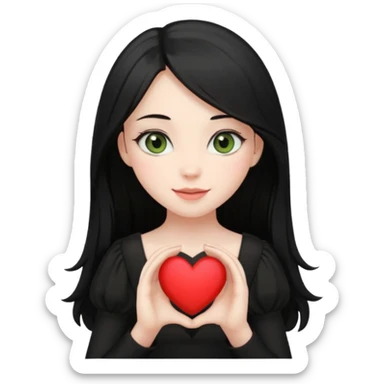 Pale girl with long black hair and olive green eyes soft smile wearing black dress and holding a heart sticker