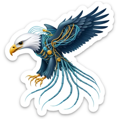 A high-tech eagle made of electric wires and cables with rubber scales that reveal its electric skeleton, possessing both jellyfish-like tendrils and the ability to generate electrical pulses that illuminate the ocean depths. sticker