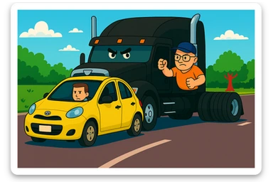 Add a baseball cap to the angry, bald truck driver with glasses and orange shirt, arm out the window. Keep the scene bright and vibrant, with a person in the car in front. sticker