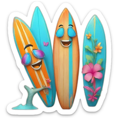 A surfboard Cartoon Blue and orange tiki smiling with butterfly and and Cartoon Blue and pink tiki singing with butterfly and mikrophone sticker