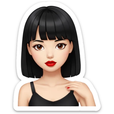 menina com cabelo preto no ombro e franjinha de batom vermelho e roupa top preto sticker