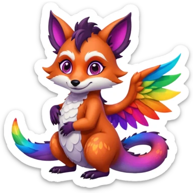 black female raccoon dragon hybrid with rainbow colored wings and purple eyes giving a big hug to a red female fox dragon hybrid with rainbow colored wings and orange eyes sticker