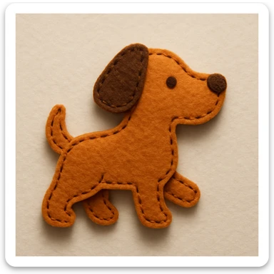 Handcrafted felt dog icon with simple shapes, clean curves, medium visible brown running stitch around edges, slightly raised look, warm orange and brown felt, minimal facial features, soft diffused lighting, subtle shadow, neutral background sticker